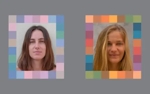 Due volti femminili incorniciati da una palette di colori che evoca l'estate, con tonalità pastello e calde.