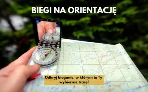 Dłoń trzyma kompas i mapę, gotowa do biegu na orientację. Odkryj przygodę, gdzie Ty wybierasz trasę!