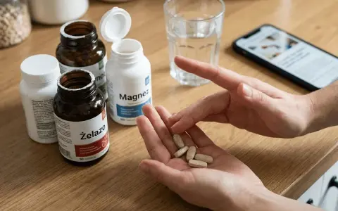 Ręce trzymające tabletki, obok butelki z magnezem i żelazem. Warto wiedzieć, jakich suplementów nie łączyć, by uniknąć interakcji.