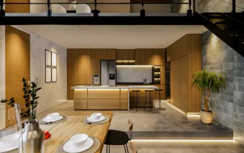 Cuisine moderne et salle à manger dans un **souplex def**. Bois, marbre et béton créent une ambiance chaleureuse. Éclairage LED subtil.