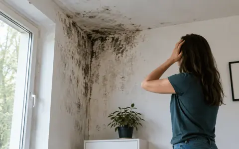Frau verzweifelt wegen Schimmel an der Wand. Sie muss den **Schimmel Vermieter melden**, um eine Lösung zu finden.