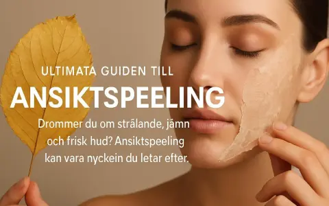 En kvinna med slutna ögon drar försiktigt bort ett lager av ansiktspeeling. En guldfärgad höstlöv ligger bredvid texten "Ultimata guiden till ansiktspeeling".