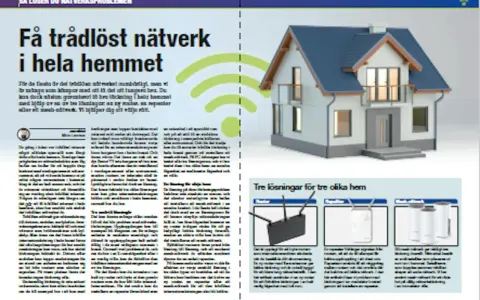 En bild på ett hus med en wifi-symbol och texten "Få trådlöst nätverk i hela hemmet". Nedanför visas en test router och andra nätverkslösningar.