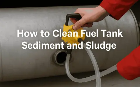 A hand in a red sleeve uses a yellow pump to begin fuel tank cleaning, removing sediment and sludge.