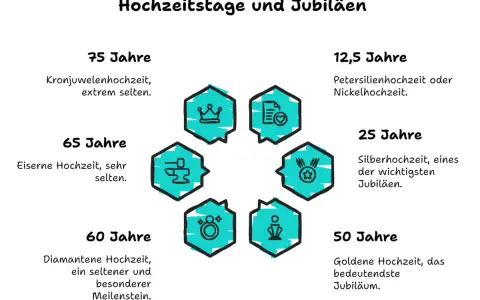 Das beste am verheiratet sein ist die Reise durch die Jahre, von der Petersilienhochzeit bis zur seltenen Kronjuwelenhochzeit. Ein Leben voller Meilensteine.