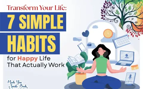 A woman meditates, surrounded by floating devices, as a colorful tree grows above. Learn 7 simple habits for a happy life and make today a good day.