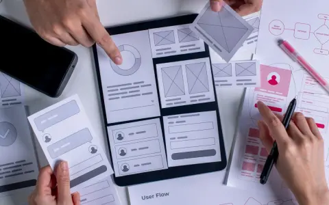Zespół ui designerów pracuje nad projektami interfejsów, analizując makiety i schematy przepływu użytkownika.