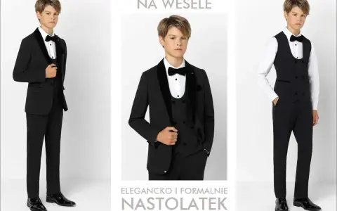Elegancko i formalnie: jak ubrać 16 latka na wesele. Trzy stylizacje młodego mężczyzny w czarnych garniturach i muszkach.