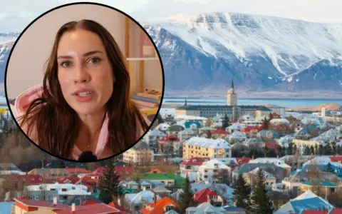 Kobieta opowiada o życiu na Islandii, w tle kolorowe domy Reykjaviku i ośnieżone góry.