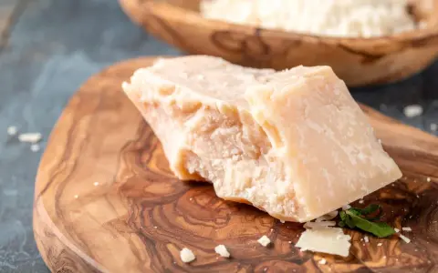 Kawałek twardego sera, przypominającego Grana Padano i parmezan, leży na drewnianej desce.