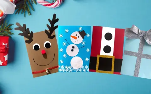 Fina tips på julpyssel: en ren, en snögubbe, tomten och en present. Perfekt för julkort!