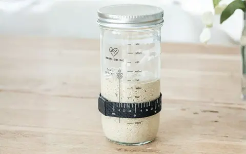 Ein Glas mit lebendigem Sauerteig, bereit für den nächsten Brotteig. Der "Sauerteig Fusel" zeigt Bläschen und ist mit einer Messband-Manschette versehen.