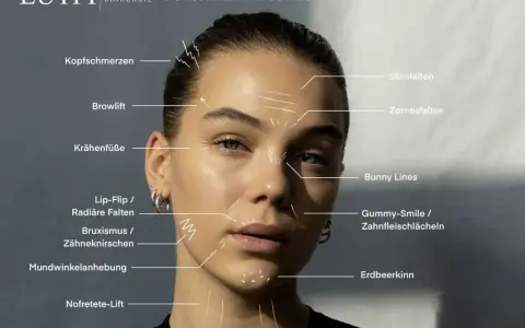Gesicht einer Frau mit Markierungen für Botox-Behandlungen, die Stirnfalten und die falte zwischen den augen hervorheben.