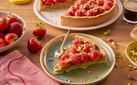 Kawałek tarty z kremem pistacjowym i truskawkami, posypany pistacjami. Obok cała tarta, miseczka z truskawkami i filiżanka kawy.