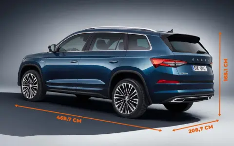 Skoda Kodiaq wymiary: długość 469,7 cm, szerokość 208,7 cm, wysokość 168,1 cm. Duży SUV dla rodziny.