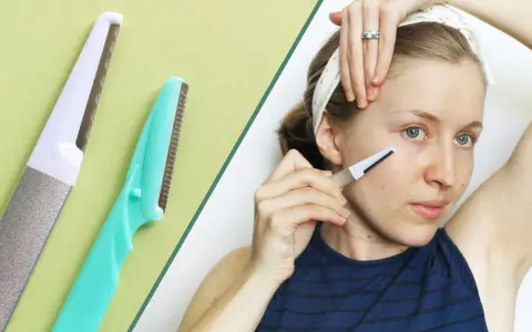 Dermaplaning for men: A woman uses a facial razor, similar to those used for dermaplaning, to exfoliate her skin.