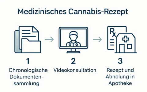 Schritt-für-Schritt-Anleitung für ein medizinisches Cannabis-Rezept: Dokumente, Videokonsultation, Rezept & Apotheke.