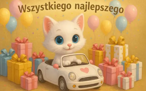 Uroczy biały kotek w kabrioletcie, otoczony prezentami i balonami, z napisem "Wszystkiego najlepszego". Idealne życzenia urodzinowe dla dziewczynki!