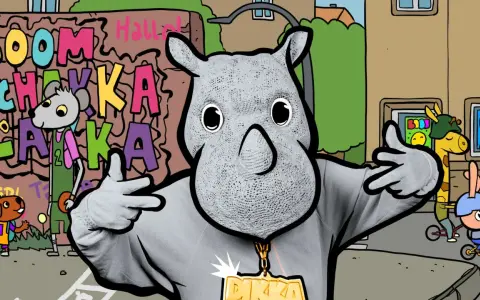 Ein Nashorn mit Goldkette und Graffiti im Hintergrund.