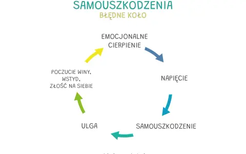 Błędne koło samouszkodzeń: cierpienie emocjonalne prowadzi do napięcia, które próbuje się rozładować samouszkodzeniem, dając chwilową ulgę, ale wracając do poczucia winy i wstydu.
