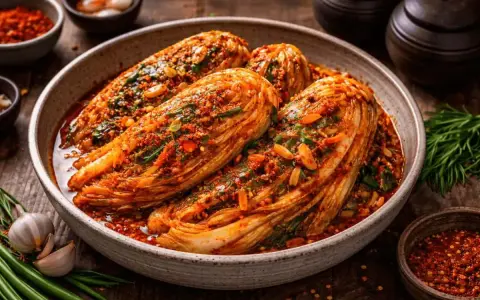 En skål med hel, kryddad kinakål, en klassiker inom koreansk mat. Runtom syns vitlök, chili och gröna örter.