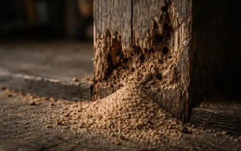 Un petit tas de sciure de bois s'accumule au pied d'un poteau en bois rongé, témoignant d'une présence passée.