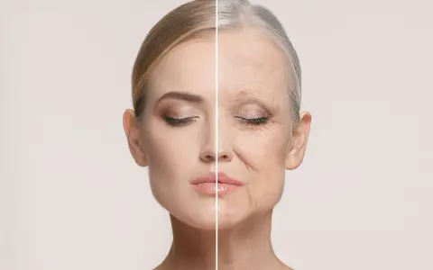 Gesichtshälfte einer jungen Frau neben einer älteren Frau, die zeigt, was bedeutet anti aging.