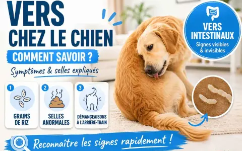 Chien se léchant le flanc, avec des icônes illustrant des vers, des selles anormales et des démangeaisons.