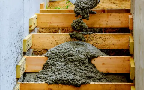 Vertido de hormigón en modernas escaleras exteriores de obra, con encofrado de madera y pared de hormigón.