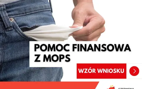 Dłoń wyciąga pustą kieszeń dżinsów. Napis "Pomoc finansowa z MOPS".
