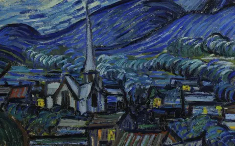 Le tableau La Nuit Étoilée de Van Gogh, une vue nocturne d'un village sous un ciel tourbillonnant de bleu et de jaune.