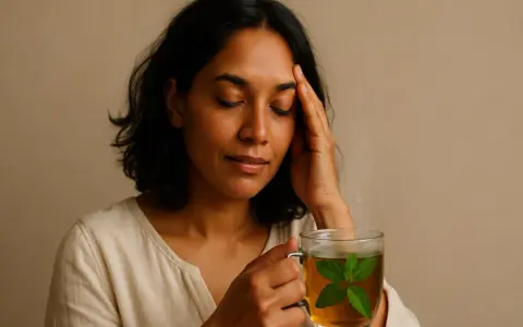 Donna con mal di testa che beve una tisana alla menta, uno dei rimedi naturali per il mal di testa.
