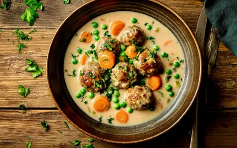 Herzhaftes Gericht mit Fleischbällchen, Erbsen und Karotten in cremiger Soße. Ein köstliches Wikingertopf Rezept für kalte Tage.