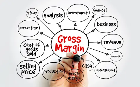 Mind map illustrating factors influencing **gross margin**, including revenue, cost of goods sold, selling price, and profit margin.