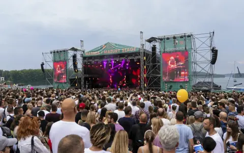 Tłum ludzi na koncercie pod gołym niebem. Na scenie gra zespół, a na ekranach wyświetlany jest green festival line up.