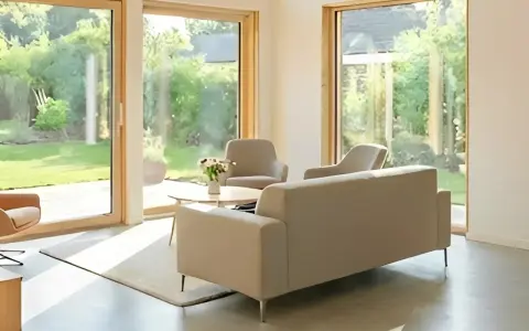 Salón moderno con grandes ventanales que dan a un jardín. Muebles claros y minimalistas. Ideal para aprovechar la luz natural y las deducciones IRPF por eficiencia energética.