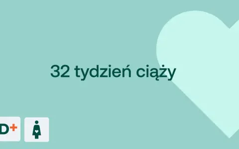 32 tydzień ciąży. Delikatne tło z sercem i ikonami D+ oraz kobiety w ciąży.