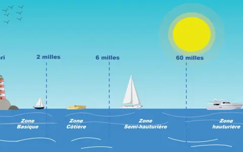 Illustration montrant des zones de navigation : abri, côtière, semi-hauturière et hauturière. Un phare et des bateaux sont représentés, ainsi que des distances en milles, un instrument de navigation essentiel.