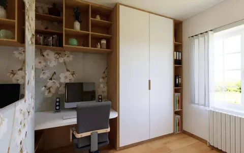 Un bureau fonctionnel pour un espace télétravail lumineux, avec rangements intégrés et une touche décorative florale.