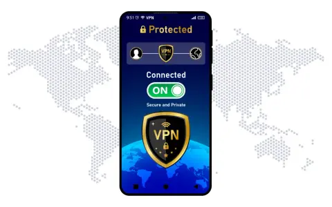Telefon z włączoną przeglądarką z VPN. Połączenie aktywne, chronione i prywatne.
