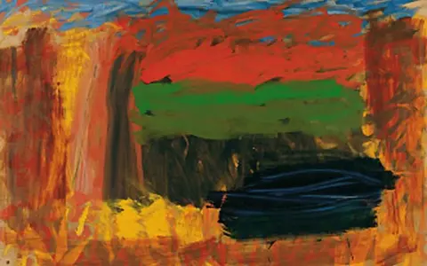 Vibrant abstract painting by Howard Hodgkin, with bold strokes of red, green, and blue suggesting a landscape or memory.