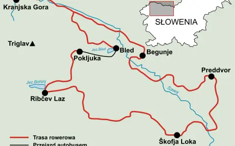 Mapa Słowenii z zaznaczonymi trasami rowerowymi wokół Jeziora Bohinj, Bled, Kranjskiej Gory i innych malowniczych miejsc.