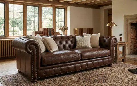 Brun Chesterfield-soffa i anilin skinn med knappad rygg och armstöd. Prydnadskuddar och en antik matta ger en varm känsla.