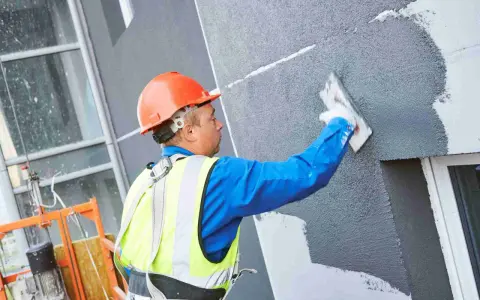Obrero con casco naranja aplica revestimiento texturizado en fachada, parte de un sistema de aislante térmico exterior.