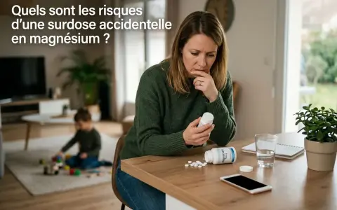 Besorgte Frau liest Beipackzettel einer Magnesium-Dosierung. Ein Kind spielt im Hintergrund.