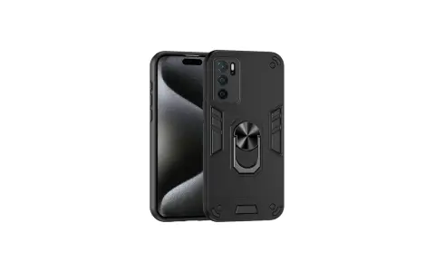 Czarne, wytrzymałe etui na telefon Oppo A16 z pierścieniem na palec i wzmocnionymi narożnikami.
