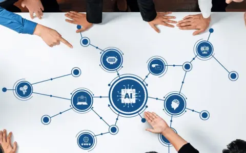 A diverse group of people gather around a table, their hands pointing to an AI diagram. This ai board of directors is strategizing the future of artificial intelligence.