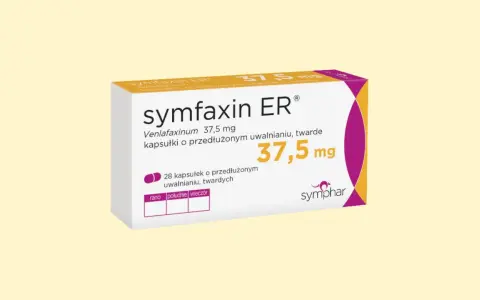 Opakowanie leku Symfaxin ER 37,5 mg, zawierające kapsułki o przedłużonym uwalnianiu. Jest to lek z grupy SNRI.
