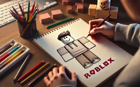 Dziecko tworzy rysunek Roblox, szkicując postać na kartce papieru.