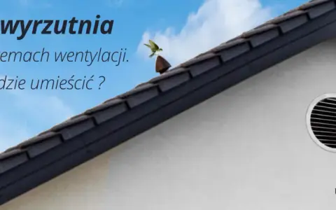 Czerpnia i wyrzutnia powietrza na dachu domu. Ptak siedzi na kominku wentylacyjnym.